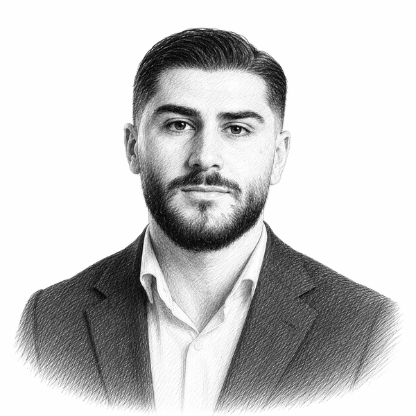 Pencil-drawn portrait of Michael Khazzoum
