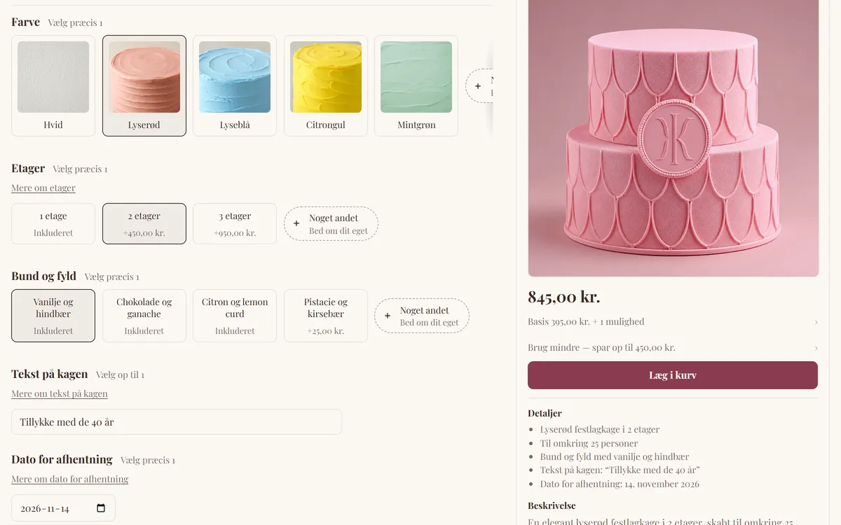 The bakery demo store with a pink cake of two tiers chosen, vanilla and raspberry as its sponge and filling, the words "Tillykke med de 40 år" for the top and a day to collect it, at 845 kroner.