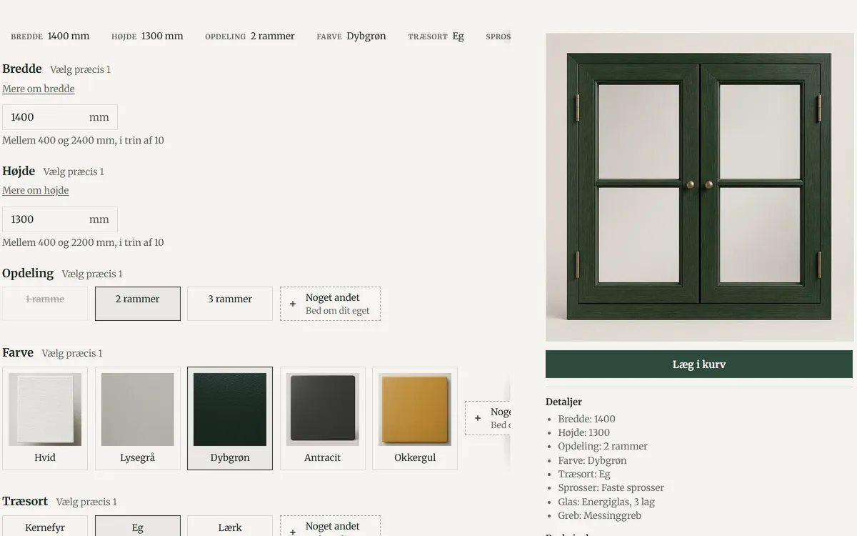 The joinery demo store with a window 1,400 mm wide and 1,300 mm high, its limits shown under each size, the single sash struck out at that width, two sashes chosen in dark green oak, and the generated picture of the window beside them.
