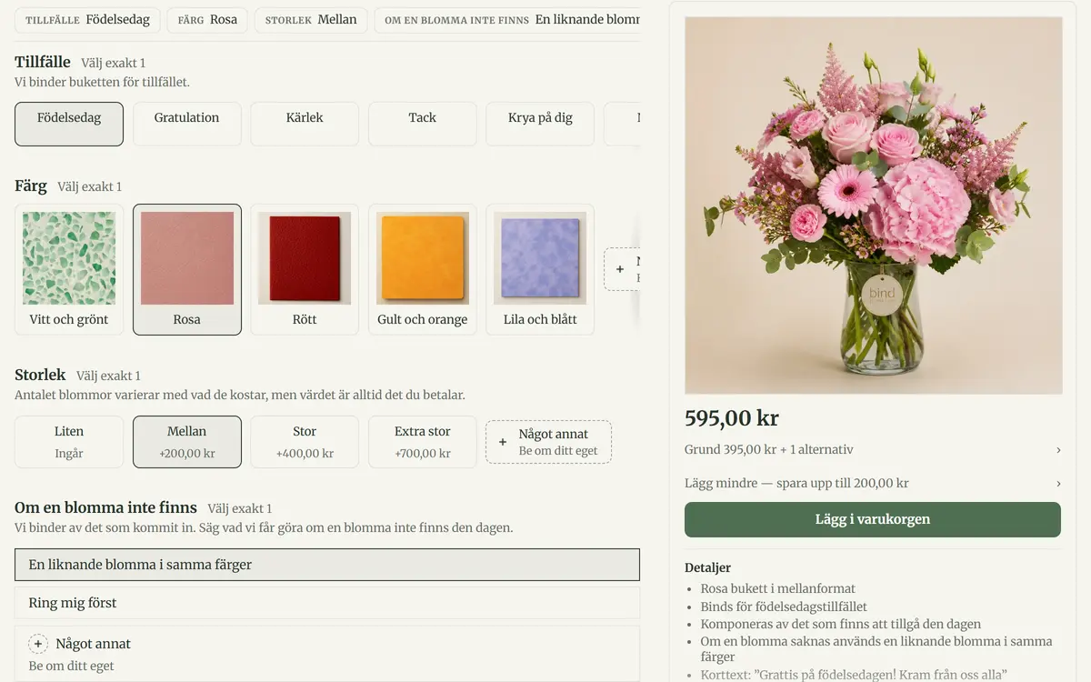 The florist demo store with a bouquet chosen for a birthday, in pink, in the medium size, with a similar flower in the same colours allowed if one cannot be had, and the words for the card, at 595 kronor.