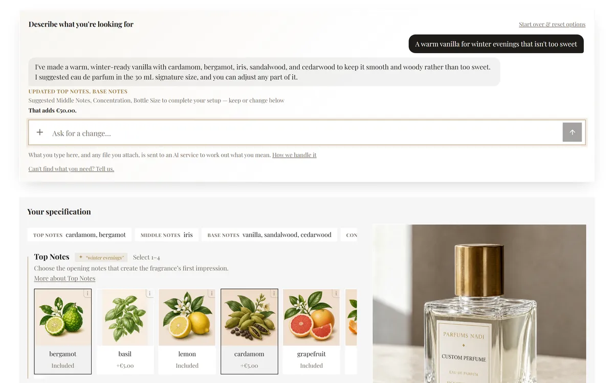 The fragrance demo store after a customer asked, in their own words, for a warm vanilla for winter evenings that is not too sweet: the store's reply, the notes it chose, what that adds to the price, and the specification it filled in.