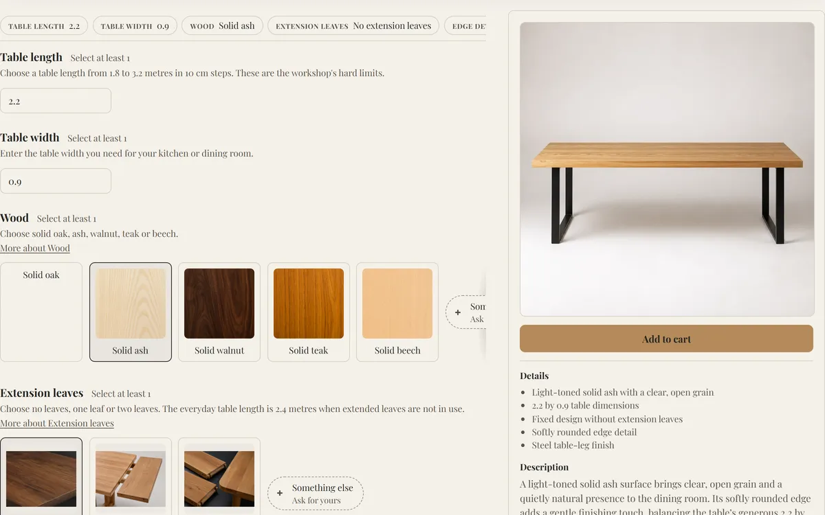 The table demo store with a length of 2.2 metres, a width of 0.9 metres, solid ash and no extension leaves chosen, a picture of the table beside them, and every choice listed under Details.