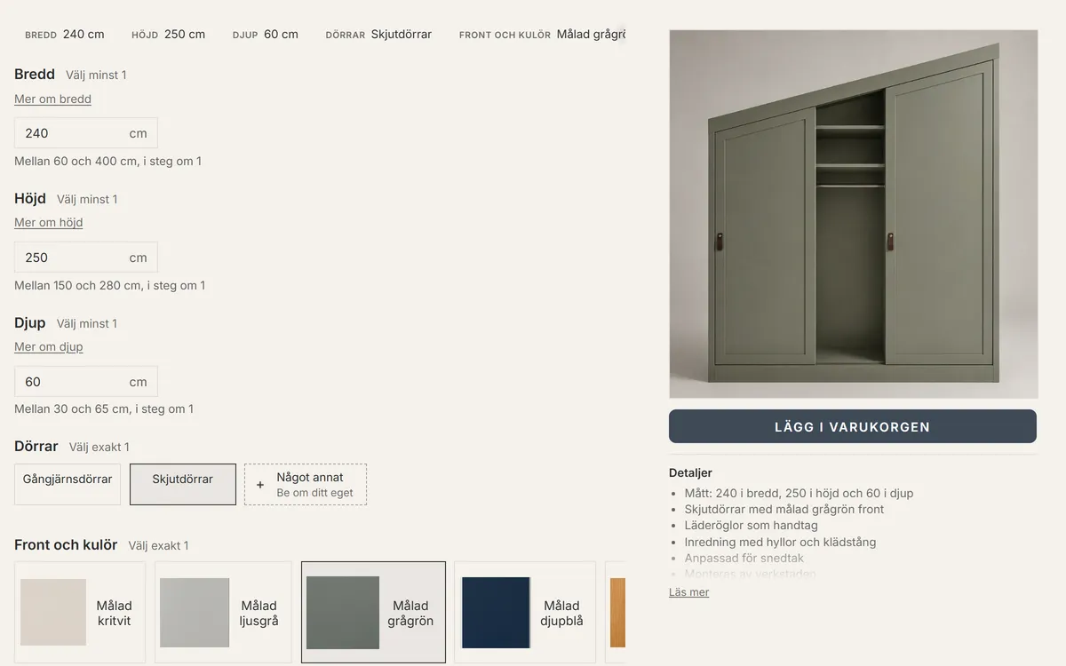 The fitted-wardrobe demo store with a width of 240 cm, a height of 250 cm and a depth of 60 cm entered, the workshop's limits stated under each, sliding doors chosen, and the picture of a grey-green wardrobe under a sloping ceiling made from the choices.